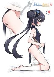 armpit_crease ass bad_link black_hair blue_archive body_markings braid braided_bun breasts butterfly_hair_ornament china_dress chinese_clothes clothes_lift cum cumdrip double_bun dragon_print dress female grey_eyes grey_halo hair_bun hair_ornament halo heart highres kisaki_(blue_archive) kneehighs long_hair multiple_views no_panties pelvic_curtain pelvic_curtain_lift petite rakuaki signature simple_background small_breasts socks spoken_heart twintails white_background