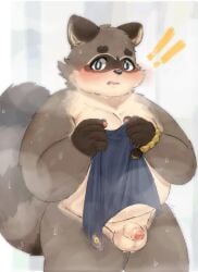 10_cosmo_24 2025 anthro balls belly blush bonasiah exclamation_point flaccid foreskin genitals hi_res humanoid_genitalia humanoid_penis kemono looking_at_viewer male mammal moobs nude overweight overweight_male penis procyonid raccoon rocco_(zoohomme) small_penis solo steam surprised uncircumcised wet zoohomme