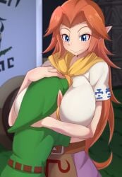 1boy 1girls age_difference between_breasts big_breasts blonde_hair blue_eyes blush breasts cap cremia dress female green_tunic heavy_breasts huge_breasts hugging large_breasts long_hair majora's_mask male red_hair size_difference voluptuous young_link