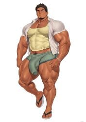 2025 abs balls bara biceps big_muscles big_pecs big_penis black_hair bodybuilder bulge highres huge_balls huge_bulge huge_cock kuromine_hiraya male male_only muscles muscular muscular_male muscular_thighs pecs penis solo solo_male tan_skin thick_thighs veiny_muscles yaoi yuatari