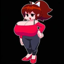 2d ai_generated black_bra black_pants covered_nipples girlfriend_(friday_night_funkin) highheels huge_breasts ponytail red_shirt shortstack smiling solo thick_thighs white_bow wide_hips