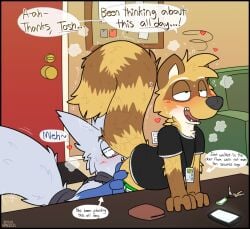 anal anthro clothing dialogue duo from_behind_position generation_3_pokemon graedius_(artist) looking_pleasured male male/male mammal nintendo oral pokemon pokemon_(species) procyonid raccoon raised_tail rimming sex tail zangoose