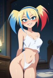 1girls ai_generated bed bedroom bedroom_eyes blonde_hair blue_eyes blue_highlights breasts cleavage dc dc_super_hero_girls female female_only harley_quinn midriff navel red_highlights red_lipstick seductive shiny_breasts shiny_skin shiny_thighs solo solo_female thick_thighs thigh_gap toned toned_female underwear