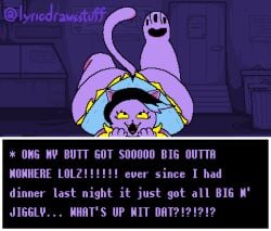 1girls accurate_art_style ass ass_bigger_than_head ass_focus big_ass big_butt black_hair cat_ears cat_girl cat_tail catgirl catty_(undertale) clothed clothing dat_ass dat_butt fat_ass feline feline female female female_focus female_only foot_up fur furry furry_female furry_only huge_ass huge_butt laugh looking_up lyricdrawsstuff open_mouth overalls paws pixel_(artwork) pixel_art pixelated purple_fur self_upload smile solo solo_female solo_focus tail talking talking_to_offscreen talking_to_viewer thick_ass thick_legs thick_thighs thighs twitter_username undertale undertale_(series) yellow_eyes
