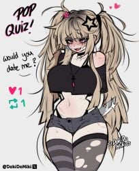1girls bandage bite_mark blonde_hair crop_top dokidomiki dolphin_shorts eyebags female fingerless_gloves glasses long_nails miki_(dokidomiki) mismatched_legwear necklace pink_nails ripped_clothing scar solo thick_thighs thighhighs thighs tummy twintails yandere