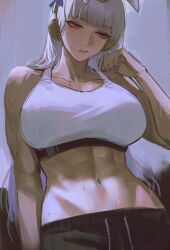 1girls abs adjusting_hair animal_ears arm_at_side averting_eyes bare_shoulders black_shorts blunt_bangs bra breasts closed_mouth collarbone drawstring female fingernails gold_ship_(umamusume) grey_hair hair hand_up headphones horse horse_ears horse_girl large_breasts lips long_hair midriff navel red_eyes short_shorts shorts solo sports_bra sportswear sweat tomatoketchup96 toned toned_female umamusume white_hair white_sports_bra