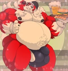 anthro belly big_belly big_bulge bulge canid canine canis fur generation_7_pokemon hi_res lycanroc male mammal mc_morrales midnight_lycanroc musclegut muscular muscular_male nintendo overweight overweight_male pokemon pokemon_(species) red_body red_eyes red_fur smile solo white_body white_fur wolf