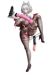 absurdres alternate_breast_size anus belt black_belt black_panties black_shoes blue_eyes blue_nails bodystocking bow breasts brown_bodystocking butt_plug cleavage condom condom_on_nipples dildo female full_body green_bow grey_hair heart_maebari high_heels highres holding holding_tray horse_dildo huge_breasts huge_dildo impossible_bodystocking izayoi_sakuya lipstick_mark lotion_bottle lube maebari maid_headdress nail_polish nipples panties panty_pull puffy_nipples pussy remote_control_vibrator sex_toy shoes short_hair simple_background solo standing standing_on_one_leg tally thigh_belt thigh_strap thighband_bodystocking torn_bodystocking torn_clothes touhou tray underwear unworn_butt_plug used_condom user_ckkx8884 v vibrator white_background