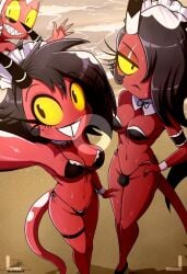 1boy 1futa 1girls 2025 2d 4_fingers artist_signature beach big_breasts bikini bikini_bottom black_and_white_horns black_bikini black_bra black_hair black_panties breasts bulge bulge_through_swimsuit bulge_through_underwear busty demon demon_futa demon_girl deviantart_link digital_drawing_(artwork) digital_media_(artwork) eyelashes female female/futa front-tie_bikini futanari hair_over_one_eye helluva_boss horn imp intersex large_breasts maid maid_bikini maid_headdress male millie_(helluva_boss) moxxie_(helluva_boss) neckwear no_ai penis penis_bulge penis_under_clothes penis_under_panties red_body red_skin sallie_may_(helluva_boss) sand selfie side-tie_bikini sisters smile tail teeth_showing the-butch-x the_butcher_(artist) trans_woman transexual western_cartoon yellow_eyes