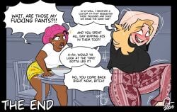 2d 2girls angry black_hair blonde_hair concentration digging_up_in_they_ass disgusted eating fat_ass female female_only fleeing food forbidden_pants kitchen meme nickelodeon oc oddtenn shy spongebob_squarepants tenuousoddity text text_bubble thick_thighs
