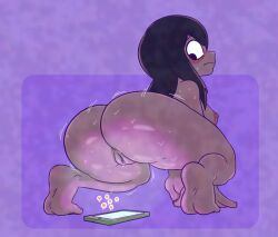 1girls alternate_version_available anus areolae barefoot blush breasts completely_nude completely_nude_female female female_only full_body lewdydoodls looking_at_phone looking_back moist my_hero_academia naked naked_female nipples nude nude_female phone presenting presenting_hindquarters pussy sideboob soles solo solo_female squatting tsuyu_asui wet wet_body