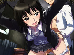 amagami ass_grab bent_over black_eyes black_hair blush breasts censored female highres legs looking_back medium_breasts open_mouth panties panties_around_leg penis sameha_ikuya school_uniform sex short_hair skirt skirt_lift sweat tachibana_miya testicles thighs underwear vaginal_penetration