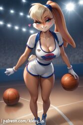 ai_generated anthro ass athletic athletic_anthro athletic_female ball_(object) barefoot basketball basketball_(ball) basketball_court blonde_hair bodily_fluids bottomwear bra braless buckteeth eyshadow feet female fingers fur hair hi_res holding_ball holding_object klexyai lagomorph leporid lola_bunny looking_at_viewer looking_back looney_tunes makeup mammal no_bra rabbit smile solo standing sweat sweatdrop tail teeth toes topless topless_female uniform