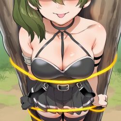 absurd_res absurdres ai_generated blush bound bound_arms bound_torso breasts color darklust day daytime female forest green_hair hi_res high_resolution highres human large_breasts motion_blur motion_lines novelai outdoors ponytail restrained self_upload side_ponytail sousou_no_frieren speed_lines sweat tagme tree trees ubel_(sousou_no_frieren) uncensored