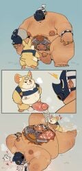 2025 anal anthro balls belly big_belly blizzard_entertainment bodily_fluids cricetid cum duo ejaculation erection genital_fluids genitals hammond_(overwatch) hamster heart_symbol hi_res human human_on_anthro interspecies kemono lying male male/male mammal mask moobs nipples overwatch overweight overweight_male penis penis_size_difference quanjiang roadhog_(overwatch) rodent sex size_difference