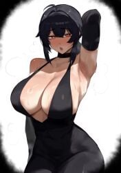 ahoge alternate_costume arm_up armpits black_hair breasts brown_eyes cleavage collarbone cowboy_shot female grace_howard gradient_background highres large_breasts long_hair looking_at_viewer open_mouth ponytail simple_background smile solo sweat timruya zenless_zone_zero