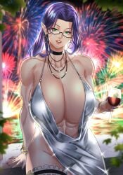 1girls abs anima_(togashi) beauty_mark cherise_(sable) cleavage dress drink earrings elegant_dress glasses huge_breasts looking_at_viewer milf muscular_female original_character phantasy_star_online_2 purple_hair venus_body