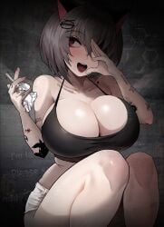 big_breasts breasts cat_ears female female_focus hair_ornament hairclip havoc-chan open_mouth original_character short_hair shorts silver_hair suou-sensei tattoo thighs voluptuous white_shorts