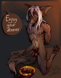 absurd_res anthro balls blood bodily_fluids bondage bondage bound brown_body canid canine canis cock_and_ball_torture cut_(disambiguation) eyes_rolled genital_torture genitals gore hair hard_vore hi_res jackal kolkolukija long_hair male mammal pawpads paws penectomy penis rope slice solo tongue tongue_out torture vore white_hair