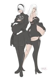 2girls ass belly big_belly blindfold breasts clone66 clothing female female_only hairband light-skinned_female light_skin nier nier:_automata pregnant pregnant_belly standing white_background white_hair yorha_2b yorha_a2