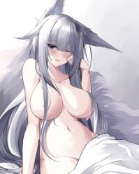 animal_ears areola_slip areolae azur_lane bed breast_slip breasts censor_hair convenient_censoring eyebrows_visible_through_hair female female fox_girl grey_hair hair_between_eyes high_resolution kitsune kitsunemimi kyuubi large_breasts large_tail long_hair multiple_tails nude on_bed one_eye_closed purple_eyes sheets shinano_(azur_lane) simple_background solo tail very_long_hair wardrobe_malfunction yan_lie