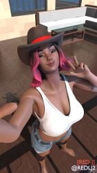 1girls 3d blender calamity_(fortnite) dark_skin female fortnite hat peace_sign red-j red_lj shorts v