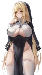 1girls 2022 biya blonde_hair blush breasts cross_(symbol) cross_necklace ear_piercing female female_only hi_res hips huge_breasts inner_sideboob long_hair looking_at_viewer no_panties nun nun's_habit original original_character red_eyes revealing_clothes simple_background slim_waist thick_thighs thighhighs thighs underboob very_high_resolution very_long_hair white_background wide_hips