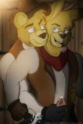 2boys bear biceps buns-n-spurs cowboy_hat cum dominant felinesyndr0me five_nights_at_freddy's fredbear_(fnaf) gay grin handjob humanoid humanoid_genitalia humanoid_penis male male/male male_only penis precum rabbit russell_rabbitt seductive smile spring_bonnie spring_bonnie_(fnaf) yellow_body yellow_eyes yellow_fur