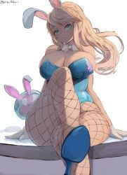 1girls 2022 artist_signature baby_(metroid) blonde_hair blue_eyes blue_leotard breasts bunny_ears bunny_girl bunnysuit cleavage crossed_legs facing_forward female female_only fishnets heels high_heels highleg_leotard huge_breasts leotard long_hair long_legs metroid metroid_(creature) miraihikari nintendo png samus_aran sitting