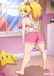 1girls ass barefoot blonde_hair blue_eyes blush booty_shorts female female_only happy light-skinned_female looking_at_viewer looking_back mario_(series) panties pearl_earrings pink_bra pink_clothing plushie ponytail princess_peach pulling_panties room short_shorts shorts solo solo_female super_mario_bros. teasing tight_shorts wedgie white_panties wholesome window zexxck