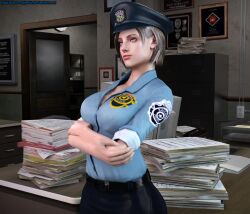 1girls 3d 3d_(artwork) big_breasts breasts capcom cleavage female female_only fully_clothed hat jill_valentine jill_valentine_(julia_voth) light-skinned_female police_uniform policewoman resident_evil resident_evil_remake solo the_majestic