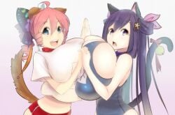 2girls ahoge ariane_cevaille big_breasts big_eyes big_head black_tail breast_docking breast_press breasts brown_ears brown_tail butterfly_hair_ornament cat cat_bell cat_ears cat_girl cat_tail clasped_hands collar cute dark_hair dark_purple_hair dog dog_girl dog_tail ear_fluff eyebrows_visible_through_hair female_only hands_together happy holding_hands huge_breasts hyper_breasts long_tail magister_(bigbakunyuu) mouth_open multiple_girls neoteny one-piece_swimsuit pink_hair purple_eyes red_collar red_shorts sakuraba_himari short_sleeves side_view small_but_busty smiling sport_shorts sportswear straight_hair swimsuit tail tail_bell tail_ribbon white_shirt