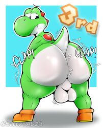 1boy absurd_res anthro ass ass_focus ass_shake balls big_ass big_balls blue_eyes boots boots_only clapping clapping_cheeks clothing crossover curvy digital_media_(artwork) dinosaur frown genitals girly green_body green_skin green_yoshi hi_res huge_ass looking_at_butt looking_at_self looking_back looking_down male male_only mario_(series) mario_party mario_party_10 nintendo nude presenting presenting_hindquarters reptile scalie shaking_butt shell shoes shoes_only shortstack simple_background sleepyinu slightly_chubby solo solo_focus solo_male spikes_(anatomy) teapot_(body_type) text thick_thighs twerking video_games voluptuous white_skin wide_hips yoshi