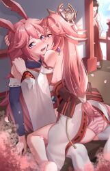 3girls absurdres animal_ear_fluff animal_ears ass bangs bare_shoulders benghuai_xueyuan blush breasts company_connection congyu crossover faceless faceless_female fox_ears genshin_impact hair_ornament highres honkai_(series) honkai_impact_3rd japanese_clothes licking licking_another's_cheek licking_another's_face long_hair mihoyo_technology_(shanghai)_co._ltd. miko multiple_girls oerba_yun_fang open_mouth outdoors panties peeking_out peeping petals pink_hair purple_eyes romantic sakura_ayane shiny shiny_hair sitting smile striped striped_panties teeth thighhighs tongue tongue_out trait_connection underwear upper_teeth very_long_hair voice_actor_connection yae_miko yae_sakura yae_sakura_(gyakushinn_miko) yuri