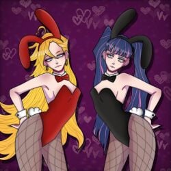 2girls angel armpits blue_eyes bowtie bunnysuit clothed cufflink demon ear_piercing earrings female_only fishnets hair looking_at_viewer panty_&_stocking_with_garterbelt panty_anarchy playboy_bunny purple_hair stocking_anarchy valentine's_day yellow_hair