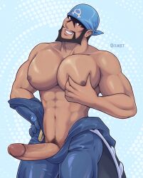 archie_(pokemon) bara beard big_pecs big_penis boner dark_skin erection facial_hair gay grabbing_pecs happy_trail human ignoet male male_only muscles muscular penis pokemon pubes solo solo_male team_aqua