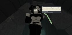 1boy 1girls 3d artist_request big_breasts black_hair black_panties black_thighhighs deep_owl_(deepwoken) deepwoken dialogue dialogue_box fifth_dimension_grinding fur glowing_eyes mask_removed masked_owl pov roblox roblox_game robloxian source_request tagme thighhighs underboob white_ears