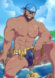 1boy archie_(pokemon) balls bara bulge edd_layerex flaccid gay male male_only muscles muscular pecs penis pokemon solo solo_male speedo speedo_only team_aqua