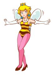 1girls bee_girl bee_sting blonde_hair blue_eyes crown cute female female_only high_heels leotard lipstick long_gloves mario_(series) okiara pearl_earrings princess princess_peach solo solo_female style_parody super_mario_galaxy tights wings