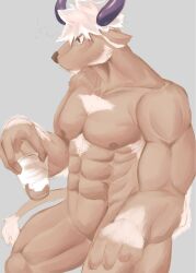 1boy anthro arm_hair armpit_hair body_hair bovid bovine cattle chest_hair container elbow_tufts featureless_crotch glass glass_container hi_res horn lifewonders male male_only mammal muscular muscular_male navel not_hotspring null shennong solo solo_male tokyo_afterschool_summoners video_games