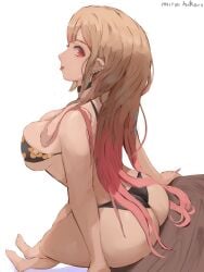 1girls 2022 artist_signature ass back back_view bikini black_bikini blonde_hair blush bra bra_visible_through_clothes breasts cleavage female female_only flower_pattern gyaru highlights huge_ass huge_breasts kitagawa_marin long_hair long_legs miraihikari pink_highlights png red_eyes schoolgirl simple_background sitting sono_bisque_doll_wa_koi_wo_suru teasing teasing_viewer thick_thighs thighs tongue tongue_out two_tone_hair white_background