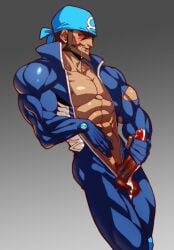 1boy archie_(pokemon) balls bara big_penis bodysuit boner cum drooling erection eyes_closed gairen gay looking_pleasured male male_only masturbation muscles muscular na_insoo penis pokemon rennik solo solo_male team_aqua