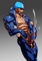 1boy abs archie_(pokemon) balls bara big_penis bodysuit boner cum cum_explosion erection gairen gay male male_only masturbation motion_blur muscles muscular na_insoo orgasm orgasm_face orgasm_from_masturbation penis pokemon rennik solo solo_male team_aqua