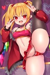 ass_visible_through_thighs bangs bare_shoulders blonde_hair blush bra breasts cameltoe choker covered_nipples double_v eyebrows_visible_through_hair female flandre_scarlet hair_ornament heart highres jacket long_sleeves looking_at_viewer miniskirt navel open_mouth panties pointy_ears red_eyes shiron_(e1na1e2lu2ne3ru3) skindentation skirt small_breasts solo split standing standing_on_one_leg standing_split strapless thick_thighs thighhighs thighs touhou tube_top twintails underwear v wings