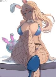 1girls 2022 artist_signature baby_(metroid) blonde_hair blue_eyes blue_leotard breasts bunny_ears bunny_girl bunnysuit cleavage crossed_legs facing_forward female female_only fishnets heels high_heels highleg_leotard huge_breasts leotard long_hair long_legs metroid metroid_(creature) miraihikari nintendo png samus_aran sitting