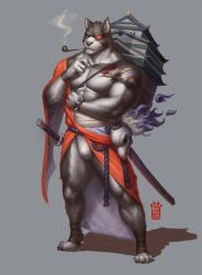 1boy 6suan abs animal_ears architecture artist_name bandages bara biceps black_and_white_fur black_fur bracelet canine commentary_request dog_boy dog_ears dog_humanoid dog_tail east_asian_architecture eyepatch full_body fundoshi furry furry_male grey_background highres inugami_(onmyoji) japanese_clothes jewelry katana large_pectorals male male_focus male_only male_underwear manly muscle muscled muscles muscular muscular_anthro muscular_male neck oerba_yun_fang onmyoji pecs pectorals photoshop_(medium) pipe showing_pecs simple_background skull smoking smoking_pipe solo solo_male strong_neck sword tail tattoo thighs tobacco_pipe topless_male triceps underwear weapon white_male_underwear wolf wolf_boy wolf_ears wolf_humanoid wolf_man wolf_tail yellow_eyes