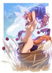 1girls animal_ears apple armpits arms_up breasts brown_hair clothing dual_persona female food fruit highres holo medium_breasts navel nipples oerba_yun_fang pouch red_eyes small_breasts smile solo spice_and_wolf stomach tail thighs undressing wheat wolf wolf_ears wolf_girl wolf_tail xong