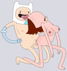 accurate_art_style adventure_time age_difference ambiguous_penetration bending_backwards betty_grof cartoon_network finn_the_human from_behind grey_background hat large_balls large_penis naked on_model robot_arm sex sikey tongue_kiss