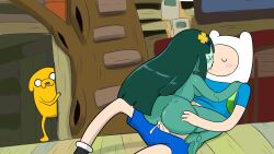 adventure_time anus ass ass_grab backpack bag blonde_hair blush blushing bmo cartoon_network clothed_male_nude_female cowgirl_position cum cum_inside cumming cumshot female finn_the_human green_body green_hair green_skin hair_ornament high_heels human interspecies jake_the_dog kiss kissing long_hair pale_skin penetration penis robot robot_girl sex shortstack spying vaginal_penetration