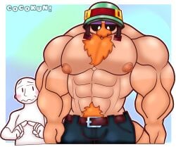 big_pecs blushed brawl_stars cocokun! hairy_abs hairy_chest hank_(brawl_stars) man_tits military muscled muscular_male orange_body orange_hair pants shrimp white_body white_eyes